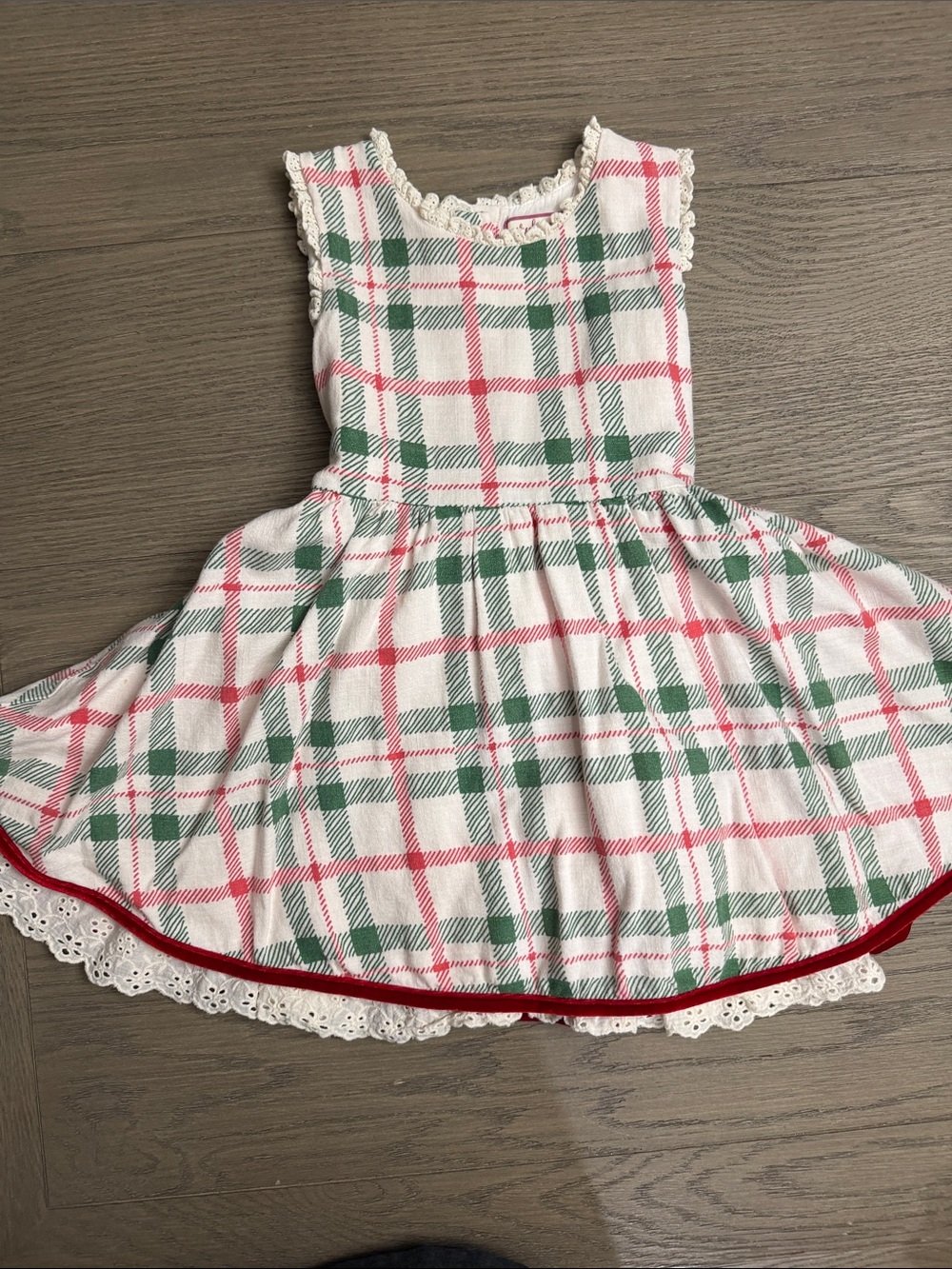 cheeky plum 5T White Plaid Dress with Green & Red Trim